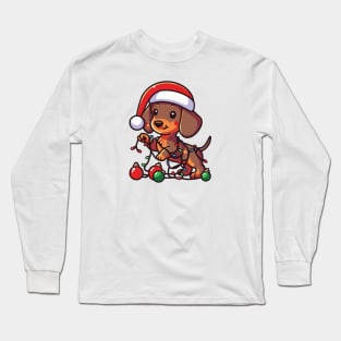dachshund dog playing with Christmas lights Long Sleeve T-Shirt